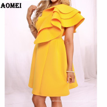 Yellow Layer Ruffles Sleeve Fashion One Shoulder Tunics Lovely Girl Prom Dresses